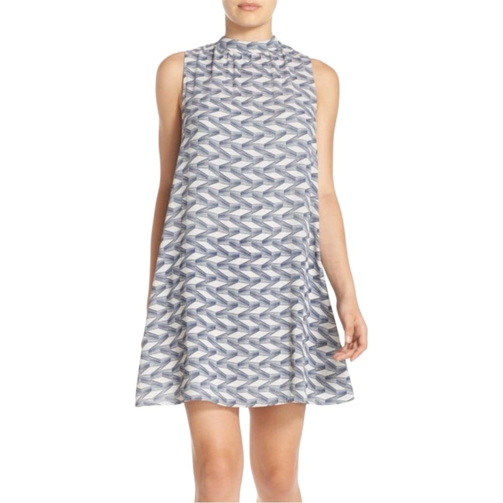 BB Dakota Women's Medium Sleeveless Tie Neck‎ Gray White Mini Dress Geometric